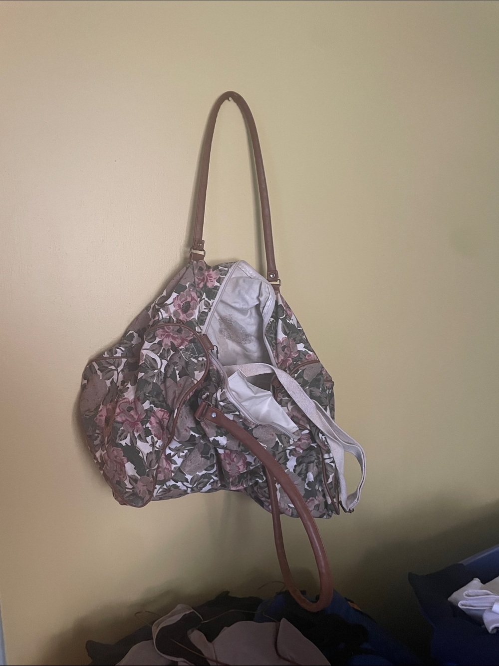 Floral Canvas Shoulder Bag with Brown Trim